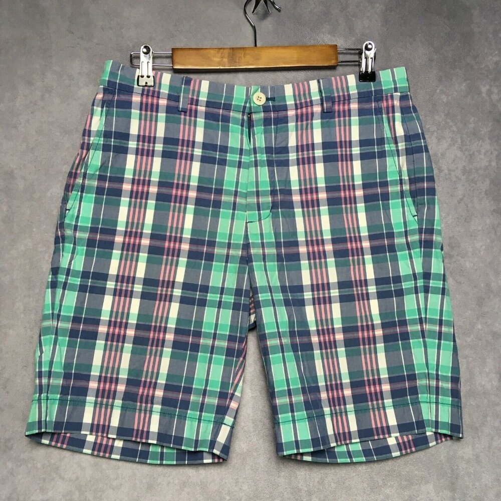 Vineyard Vines Mens Plaid Breaker Shorts size 32 Green‎ Pink Flat Front Cotton